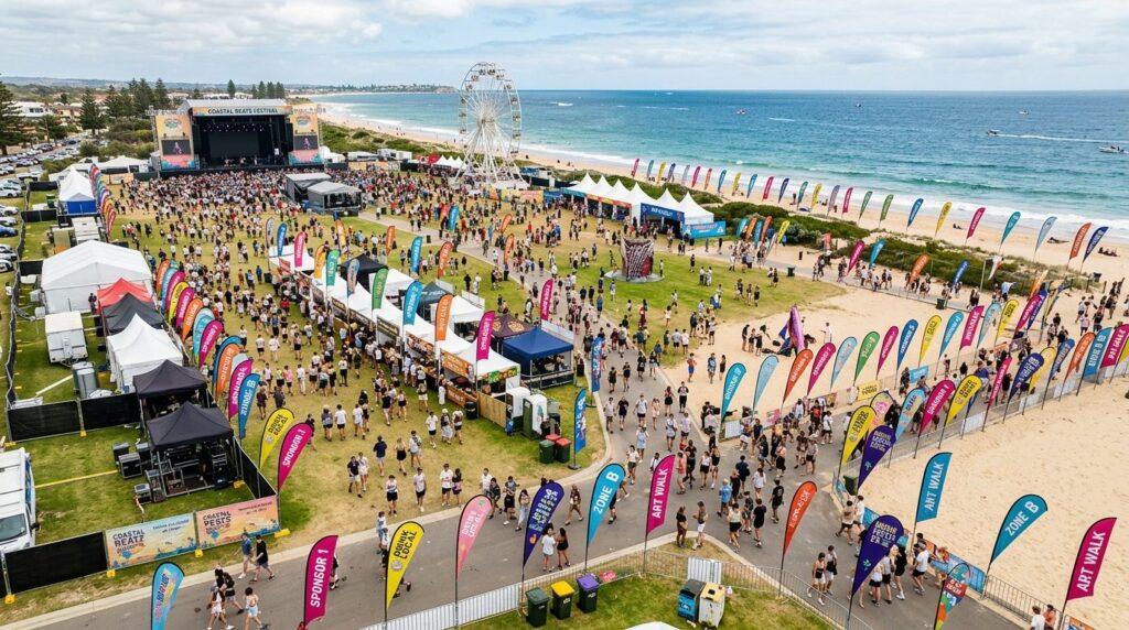 Wide aerial perspective of an outdoor festival venue with mu
