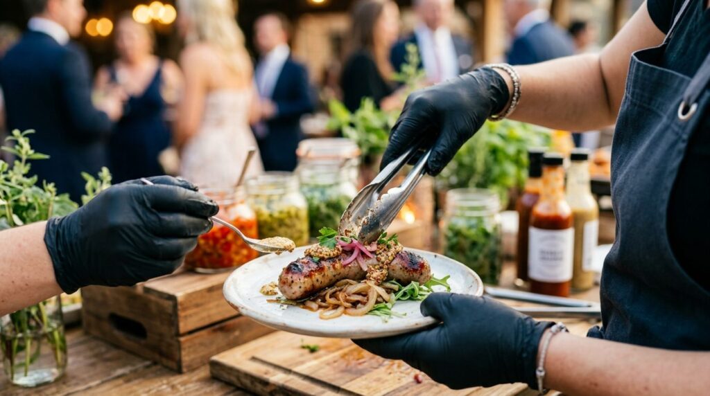 Professionel cateringlever serverer gourmetret på fin tallerken.