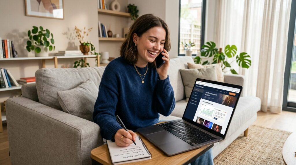 Young woman on phone booking entertainment services, sitting