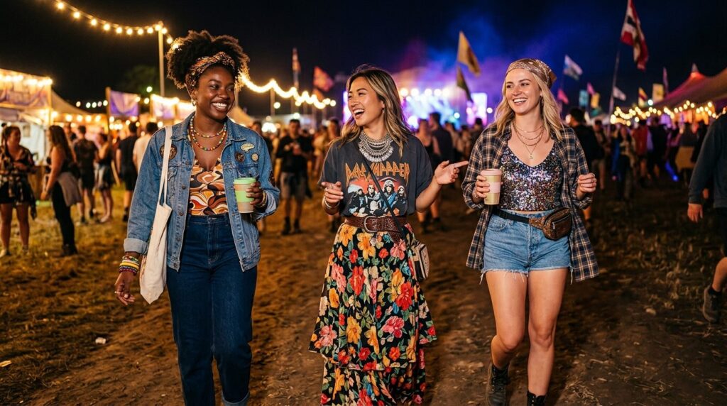 Diverse personer i festivaloutfits på én billede.