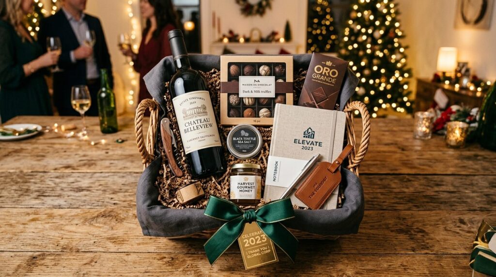 Close-up overhead shot of a stylishly arranged gift basket w