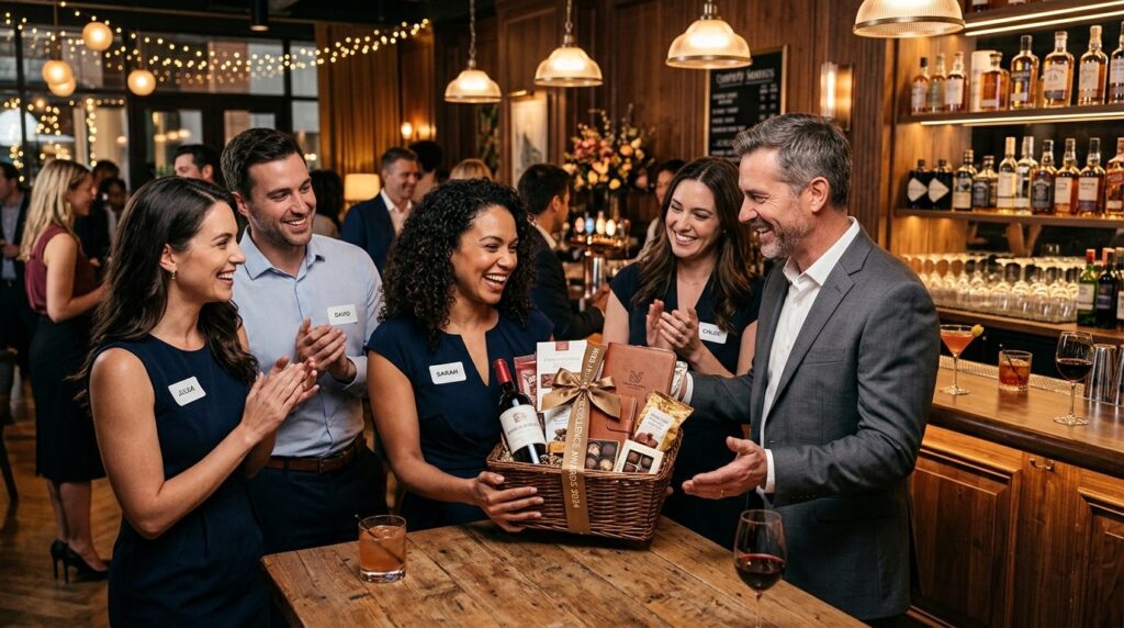 Dynamic scene of colleagues at an upscale company celebratio