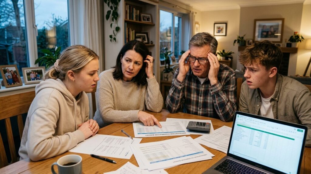 Realistic stock photo of parents and students reviewing budg