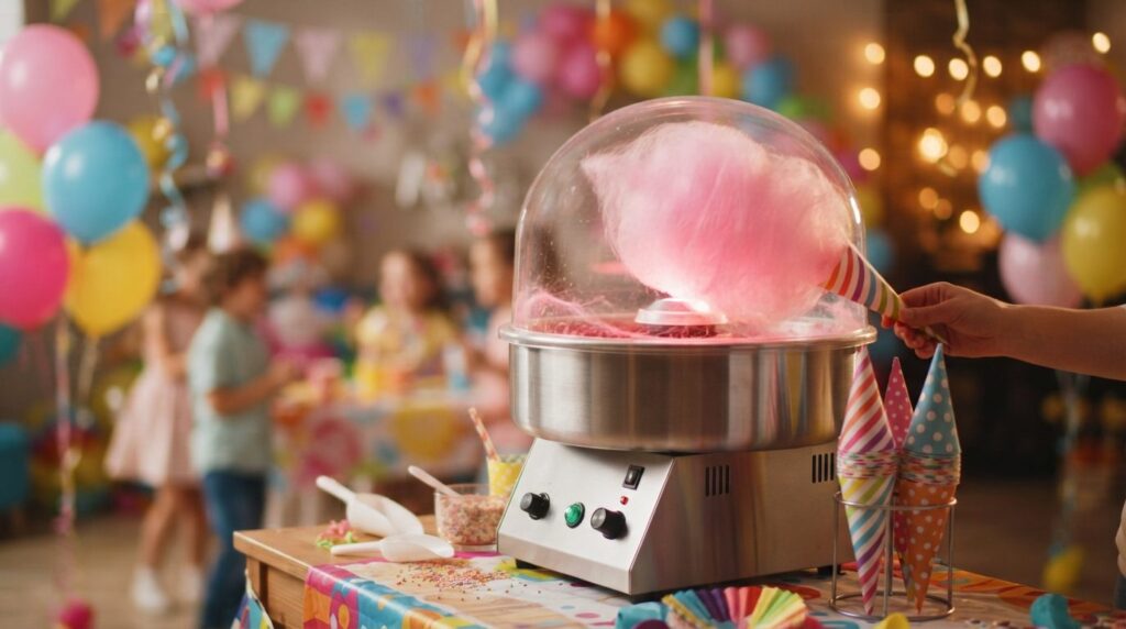 Closeup fotorealistic stock photo of a modern candy floss ma