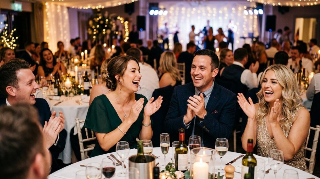 Close-up of wedding guests having fun at reception, group of
