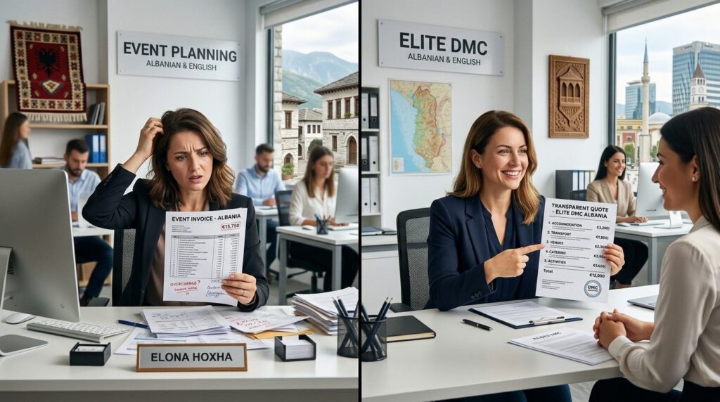 Split-screen comparison: left side shows a confused client h