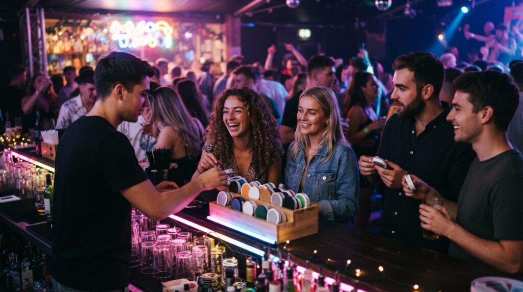 Young adults at an indoor festival bar counter selecting and
