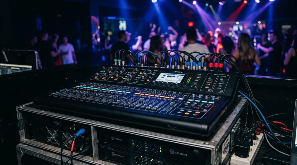 Close-up of modern PA system amplifier and mixer console at